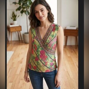 Plenty Sleeveless Floral Wrap-Front Tank Top Green Pink Ptp 17” NWOT silk chic